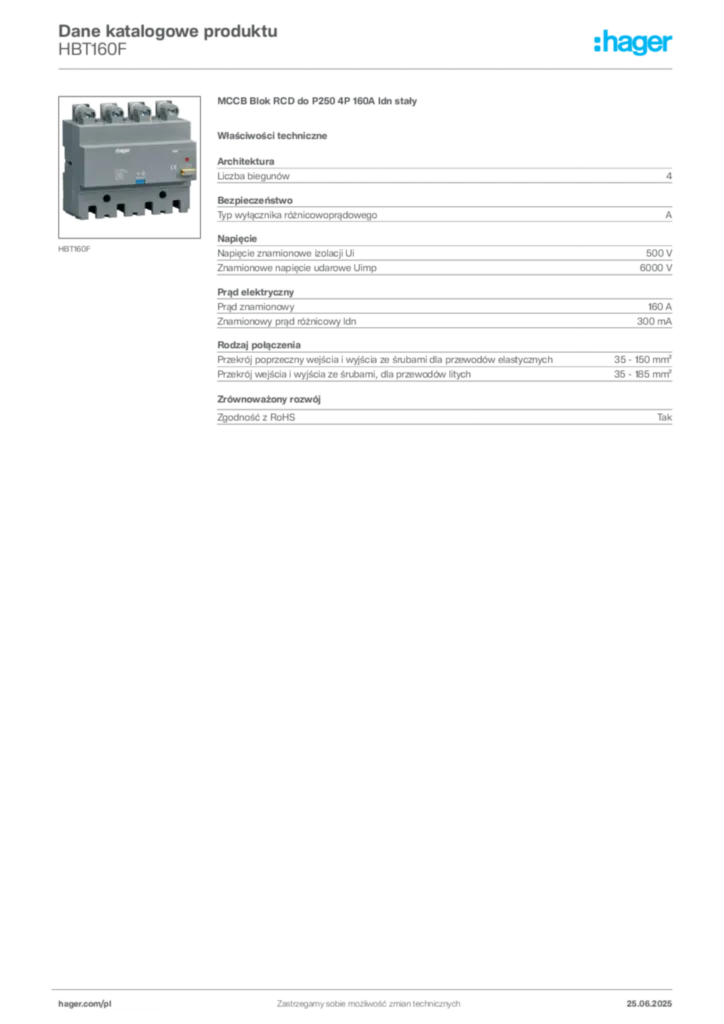 Zdjęcie Hager Karta katalogowa HBT160F | Hager Polska