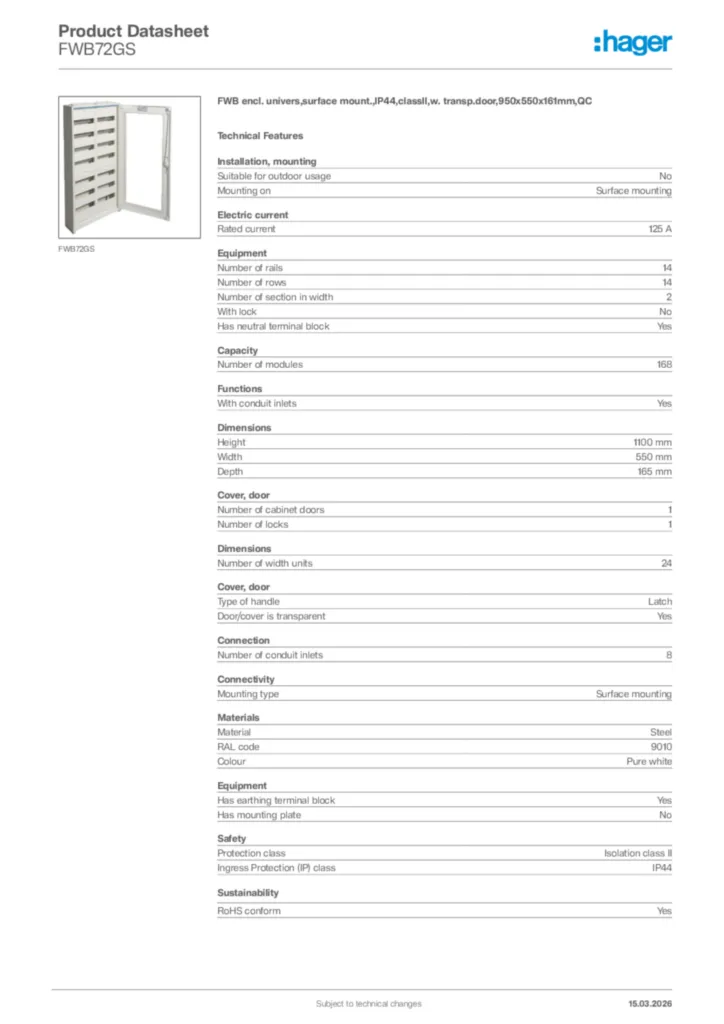Image Hager Product data sheet FWB72GS  | Hager Africa