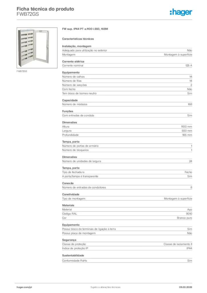 Imagem Hager Ficha técnica do produto FWB72GS | Hager Portugal