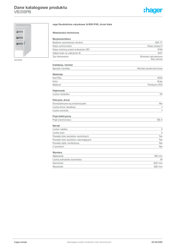Zdjęcie Hager Karta katalogowa VB318PB | Hager Polska