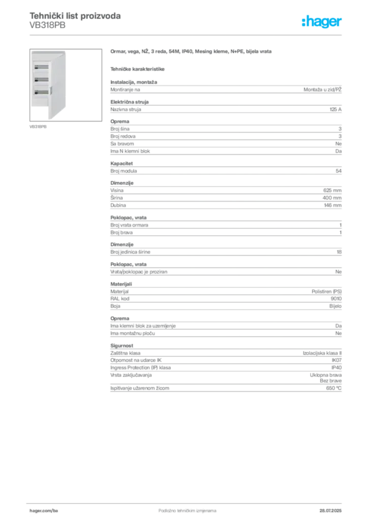 Slika Hager Product data sheet VB318PB  | Hager