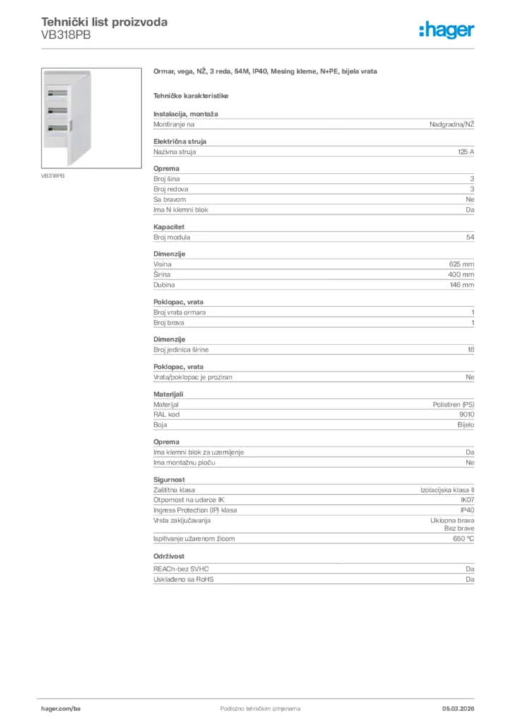 Slika Hager Tehnički list proizvoda VB318PB  | Hager