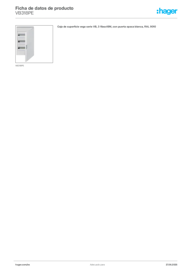 Imagen Hager Ficha de datos de producto VB318PE | Hager España