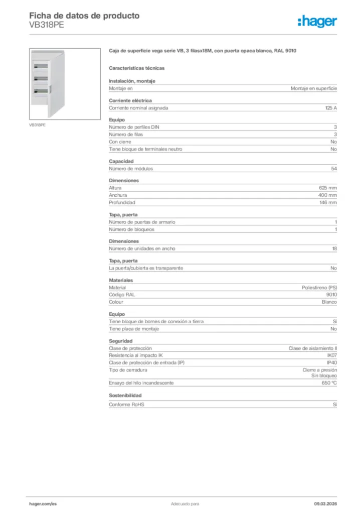 Imagen Hager Ficha de datos de producto VB318PE | Hager España