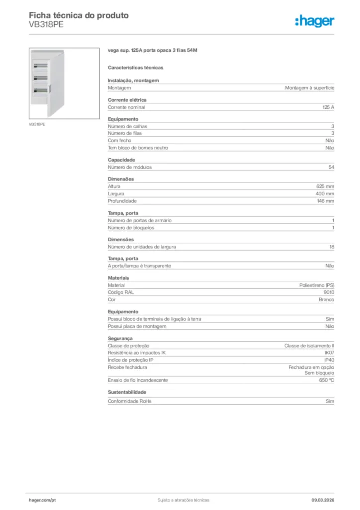Imagem Hager Ficha técnica do produto VB318PE | Hager Portugal