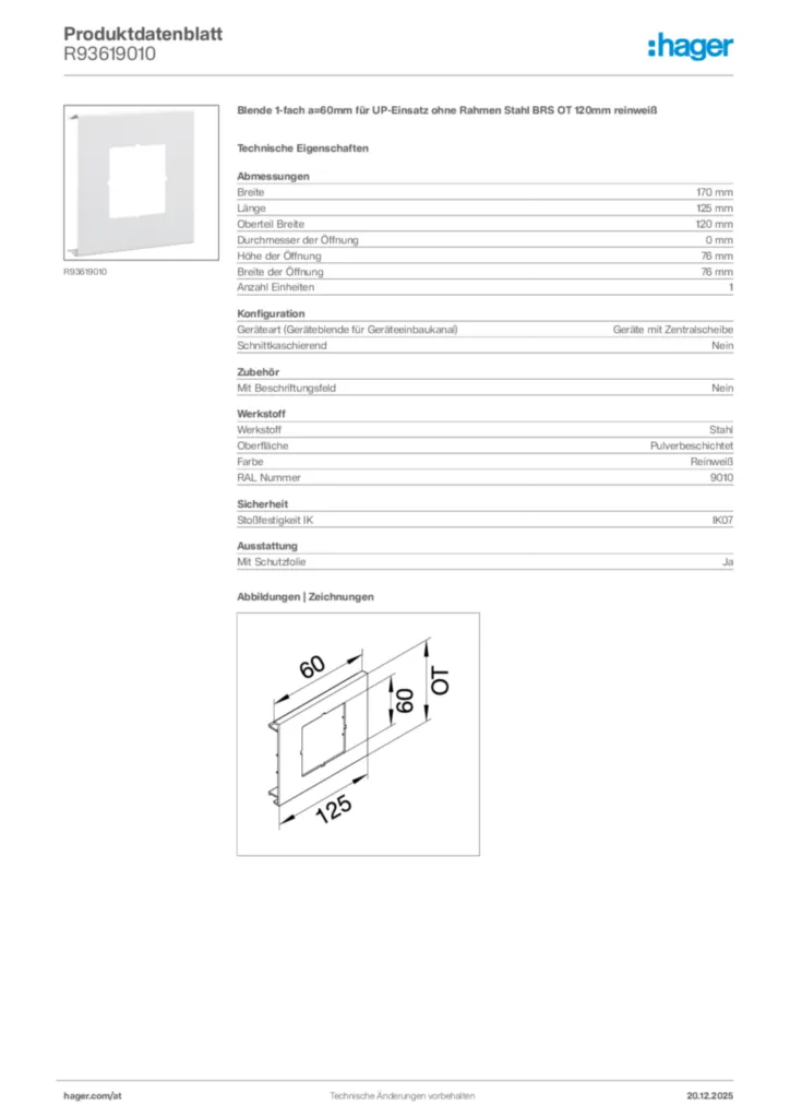 Bild Hager Produktdatenblatt R93619010 | Hager Deutschland