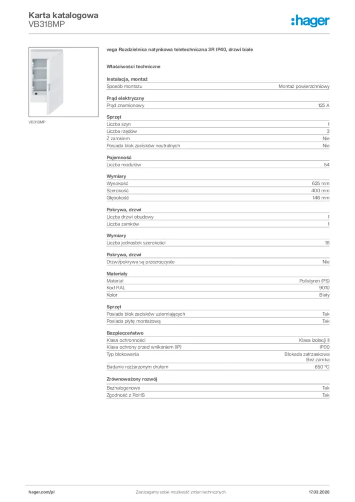 Zdjęcie Hager Karta katalogowa VB318MP | Hager Polska