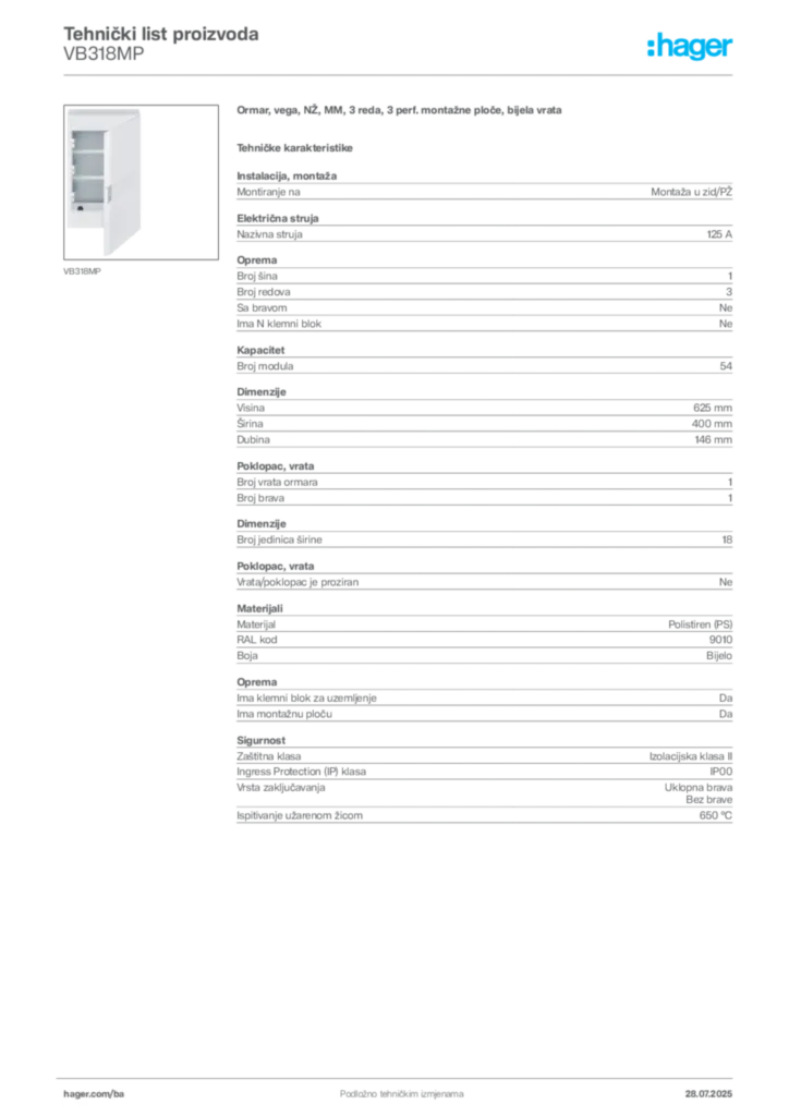 Slika Hager Product data sheet VB318MP  | Hager
