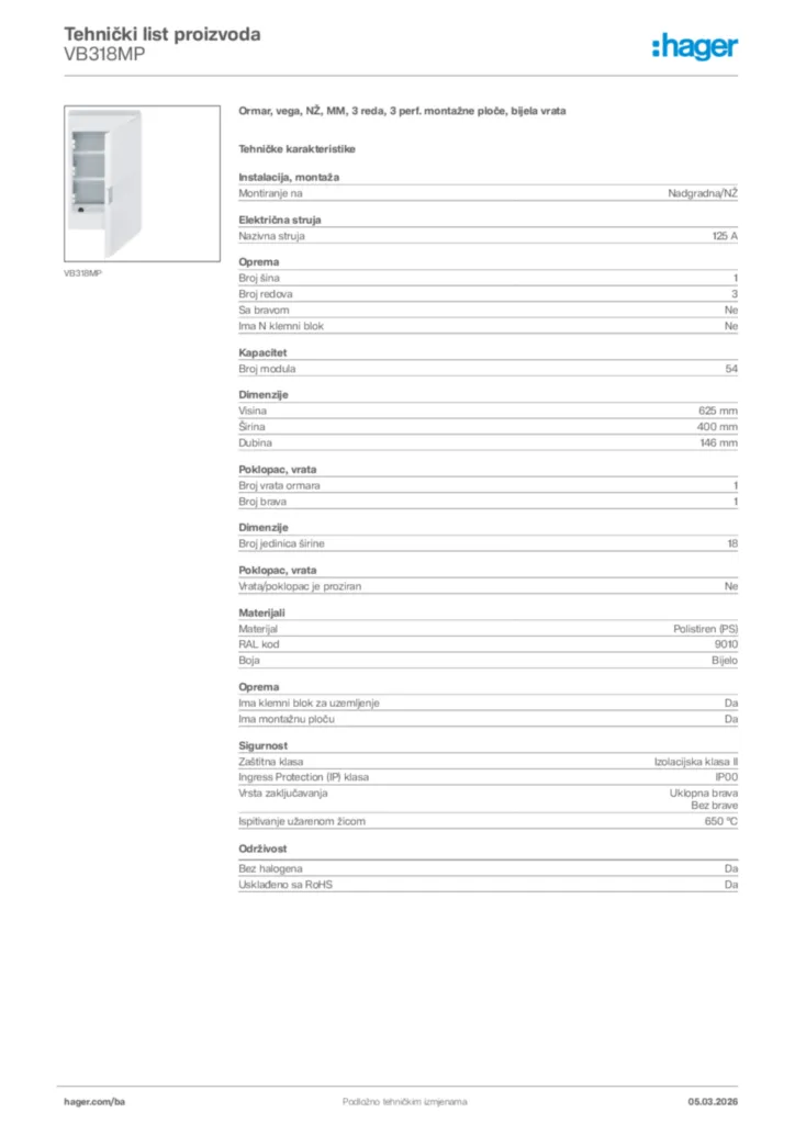 Slika Hager Tehnički list proizvoda VB318MP  | Hager