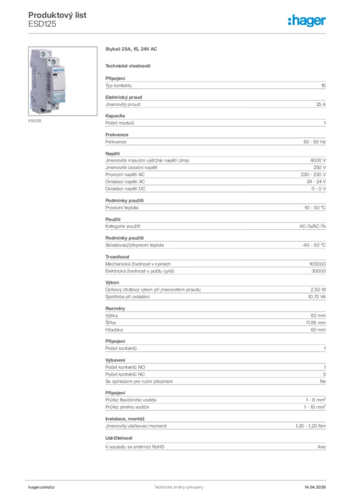 Obrázek Hager Product data sheet ESD125 | Hager