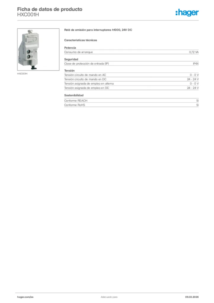 Imagen Hager Ficha de datos de producto HXC001H | Hager España