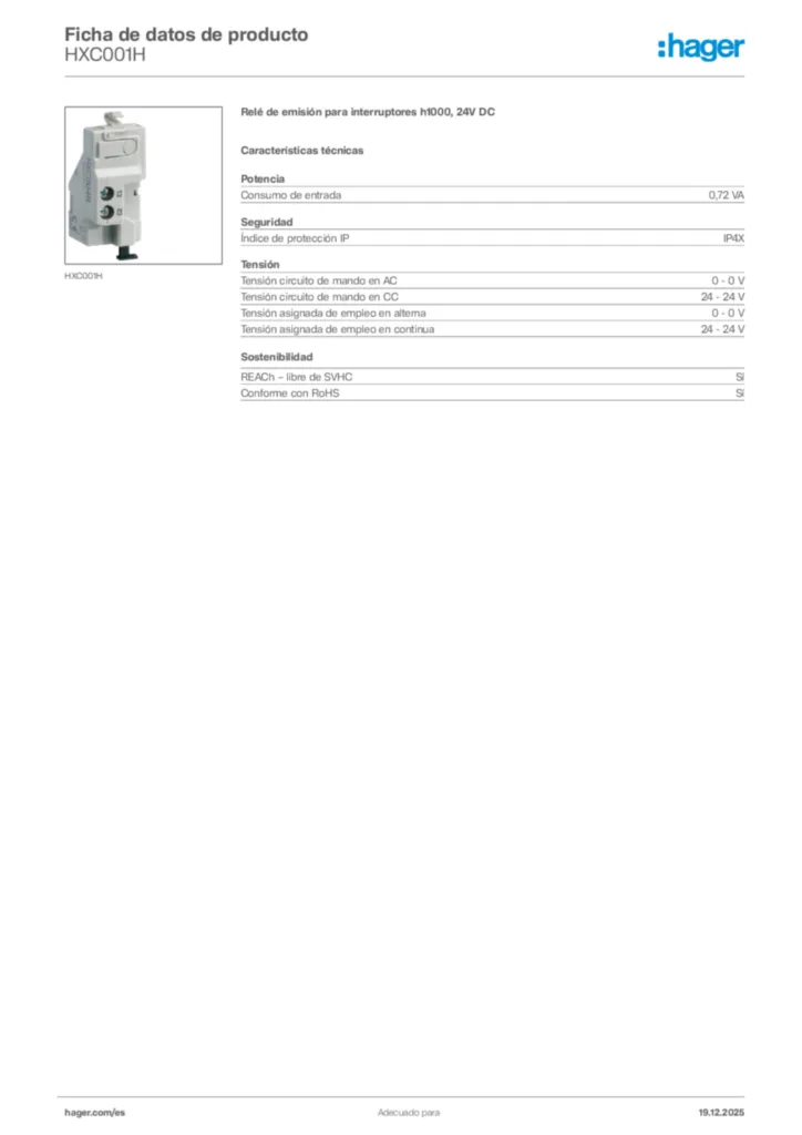 Imagen Hager Ficha de datos de producto HXC001H | Hager España