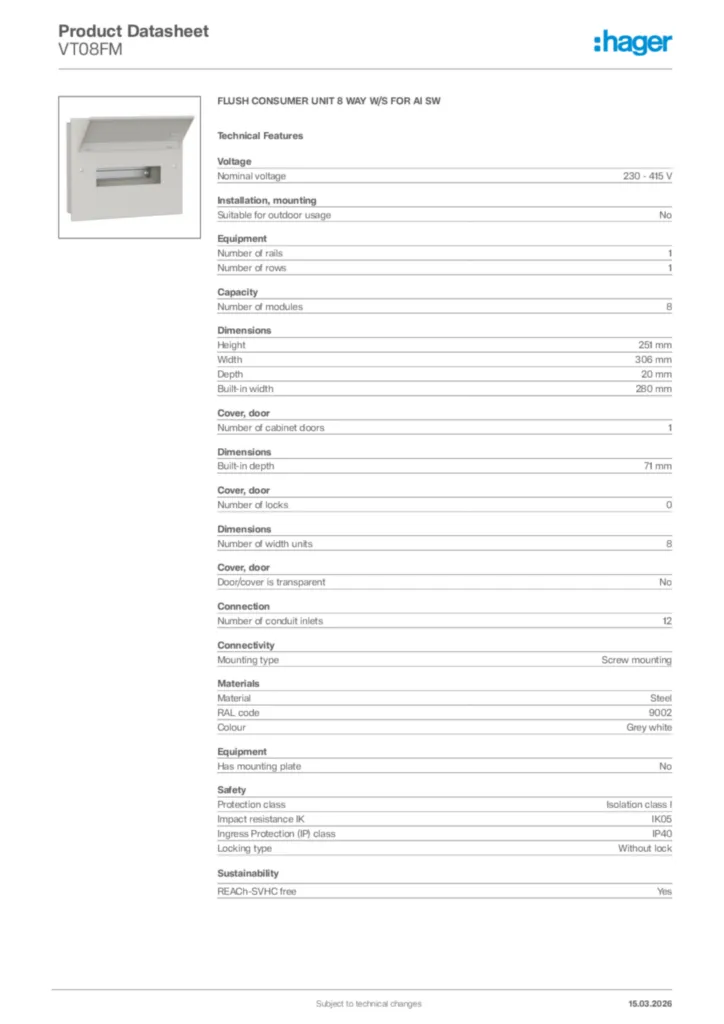 Image Hager Product data sheet VT08FM  | Hager Africa