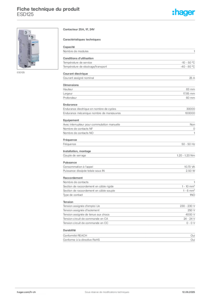 Image Hager Fiche technique du produit ESD125 | Hager Suisse