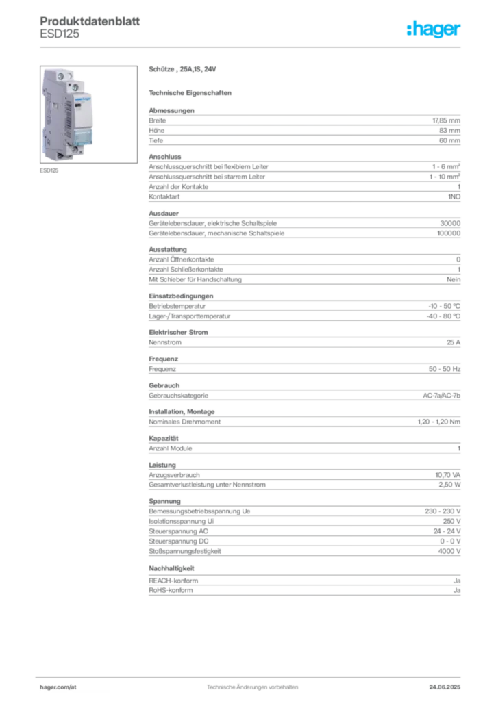 Bild Hager Produktdatenblatt ESD125 | Hager Deutschland