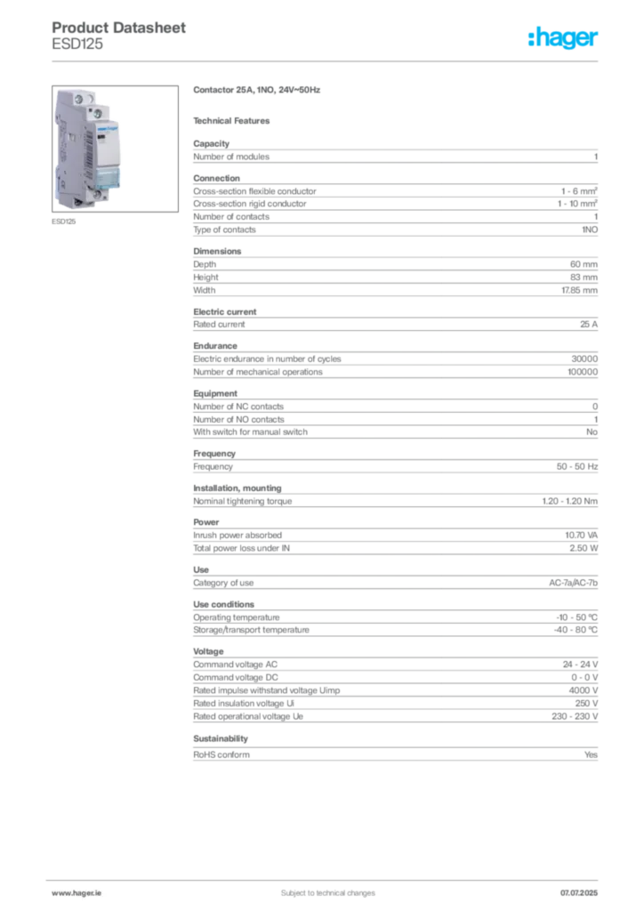 Image Hager Product data sheet ESD125  | Hager