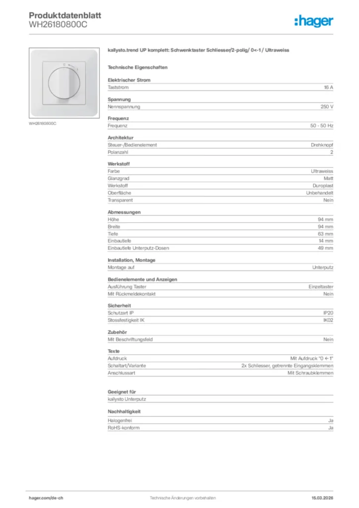 Bild Hager Produktdatenblatt WH26180800C | Hager Schweiz