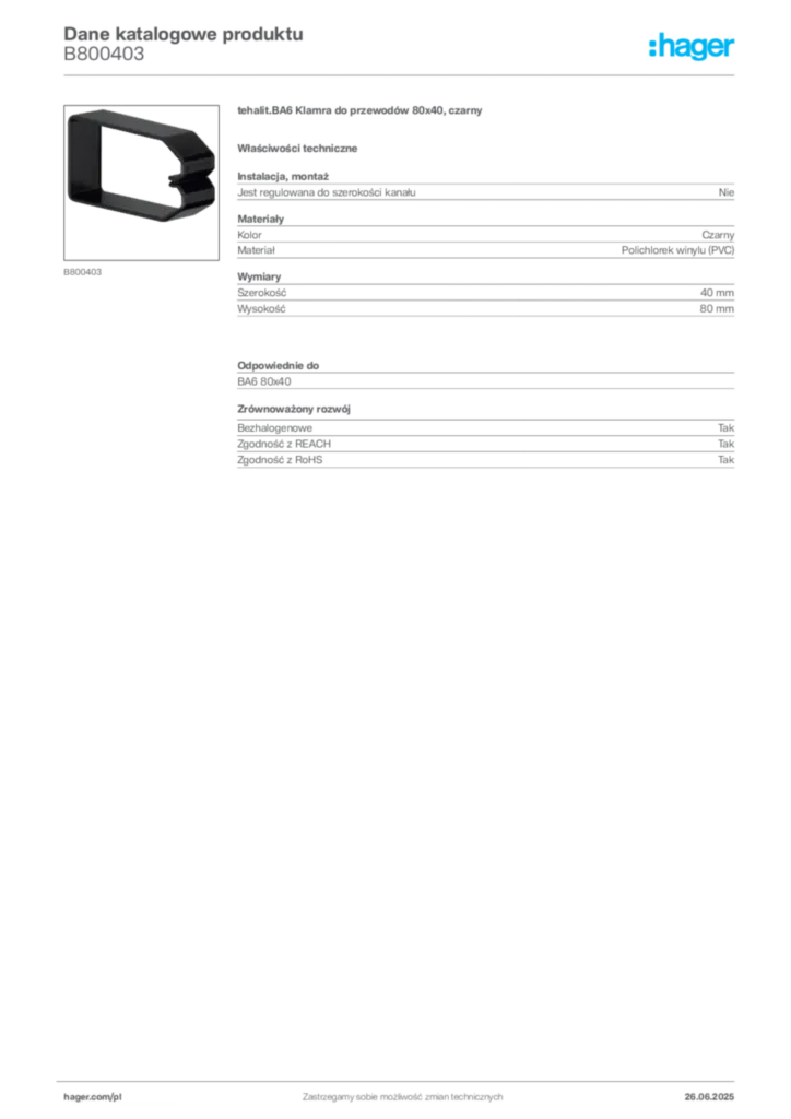Zdjęcie Hager Karta katalogowa B800403 | Hager Polska