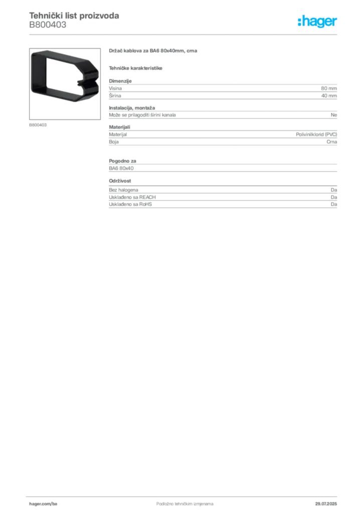 Slika Hager Product data sheet B800403  | Hager