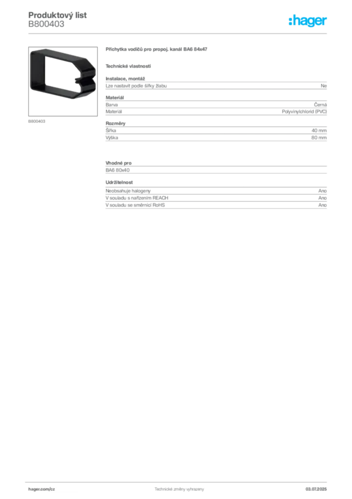 Obrázek Hager Produktový list B800403 | Hager
