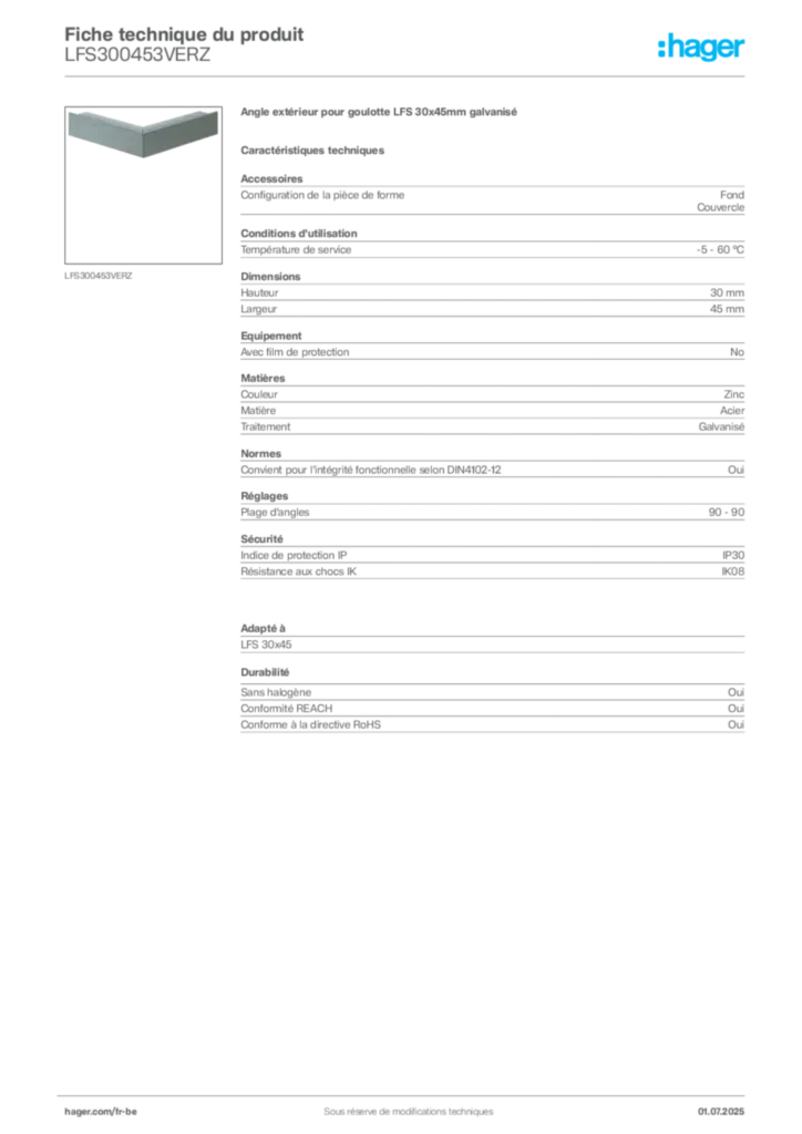 Image Hager Fiche technique du produit LFS300453VERZ | Hager Belgique