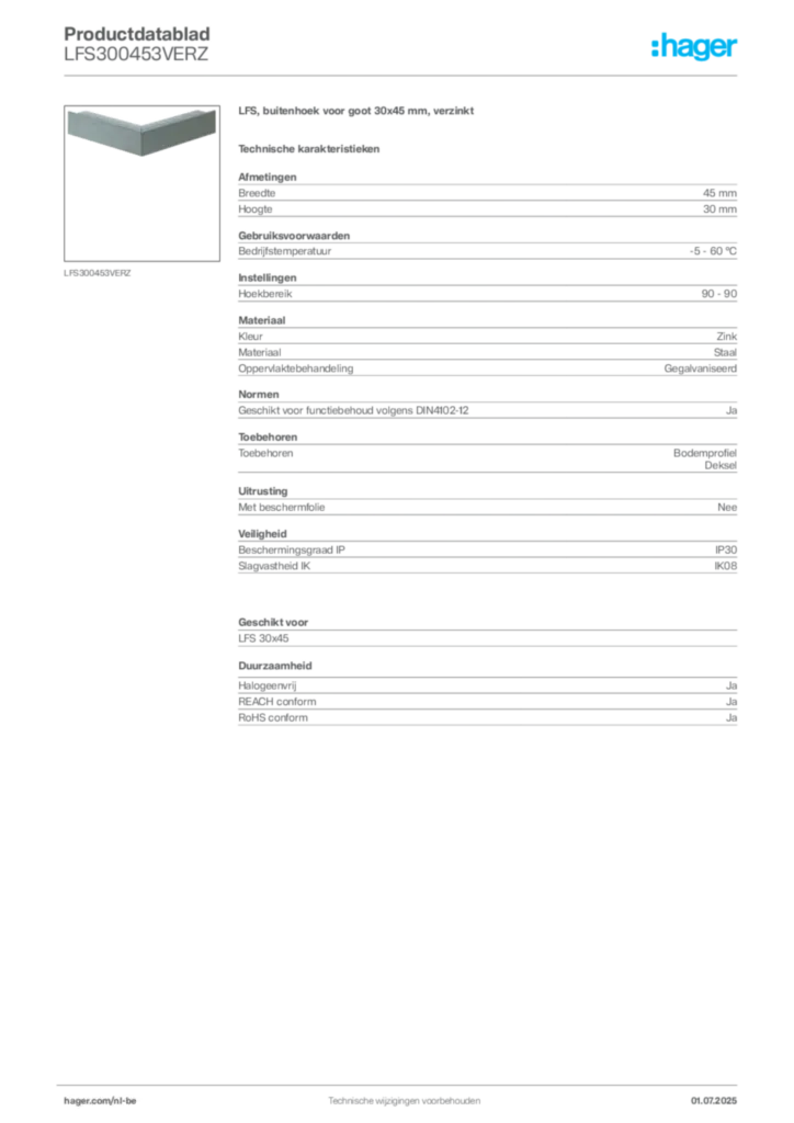 Afbeelding Hager Productdatablad LFS300453VERZ | Hager Belgium