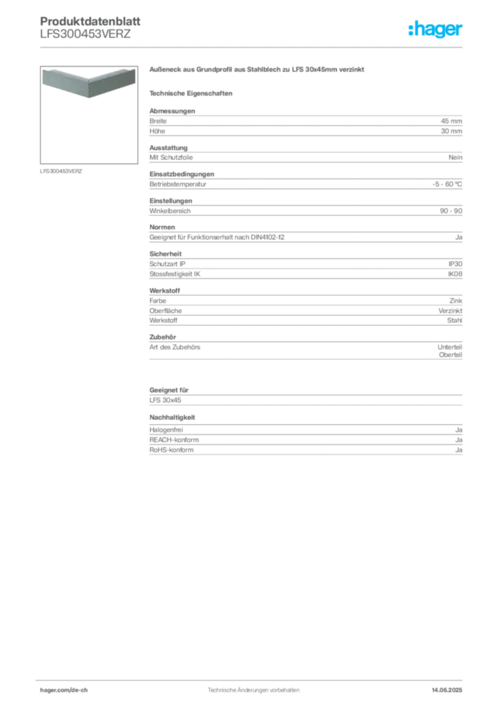 Bild Hager Produktdatenblatt LFS300453VERZ | Hager Schweiz
