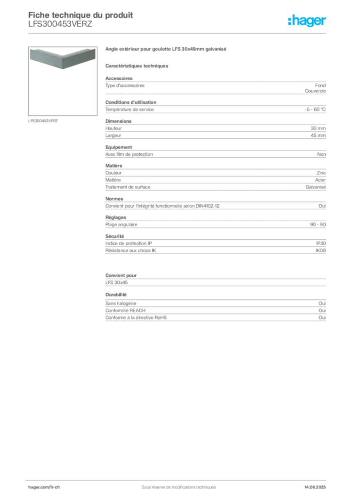Image Hager Fiche technique du produit LFS300453VERZ | Hager Suisse