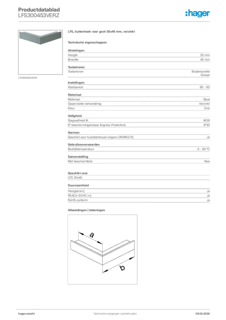 Afbeelding Hager Productdatablad LFS300453VERZ | Hager Nederland