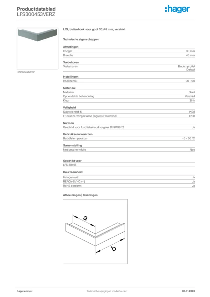 Afbeelding Hager Productdatablad LFS300453VERZ | Hager Nederland