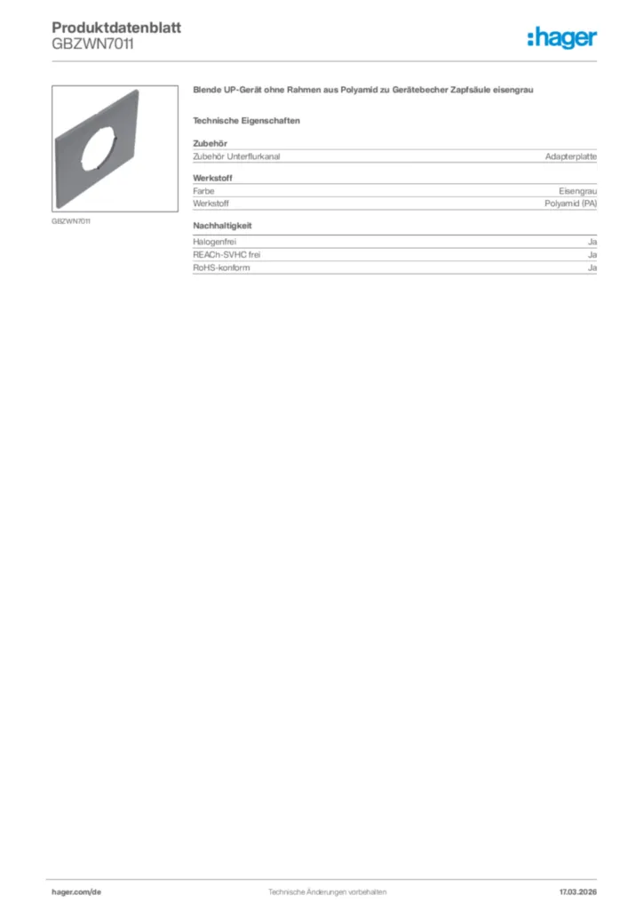 Bild Hager Produktdatenblatt GBZWN7011 | Hager Deutschland