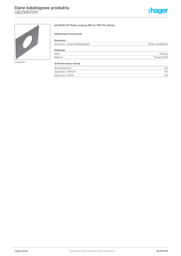Zdjęcie Hager Karta katalogowa GBZWN7011 | Hager Polska