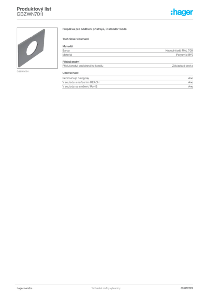 Obrázek Hager Produktový list GBZWN7011 | Hager