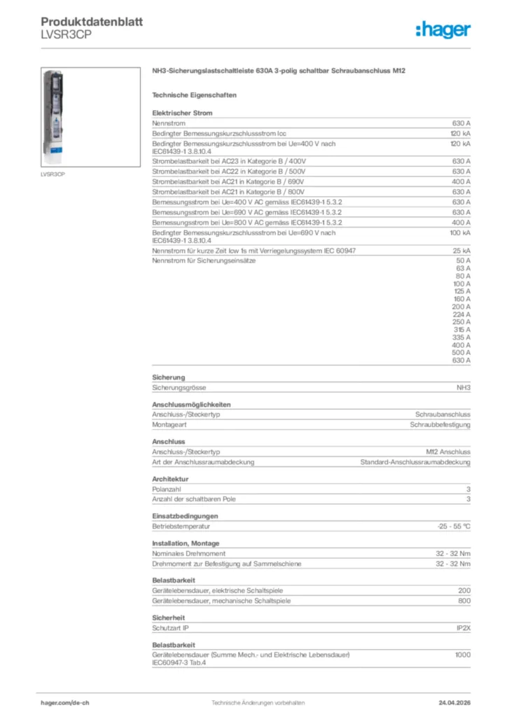 Bild Hager Produktdatenblatt LVSR3CP | Hager Schweiz
