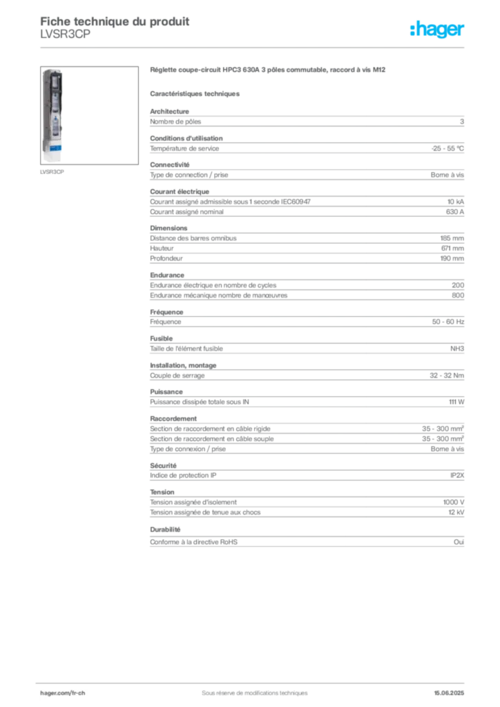 Image Hager Fiche technique du produit LVSR3CP | Hager Suisse
