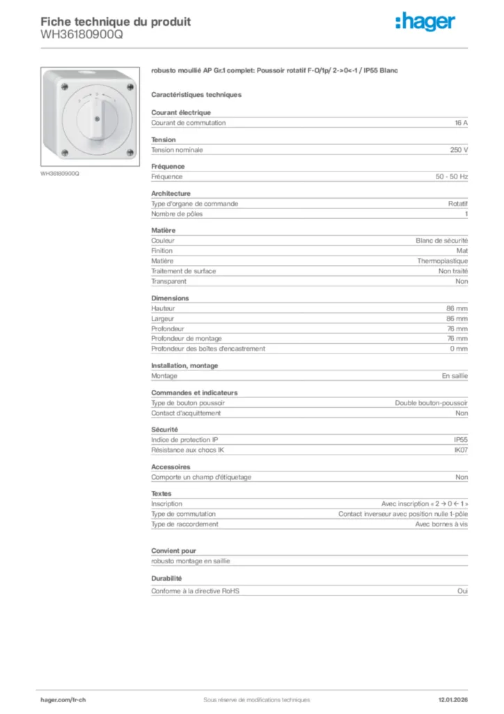 Image Hager Fiche technique du produit WH36180900Q | Hager Suisse
