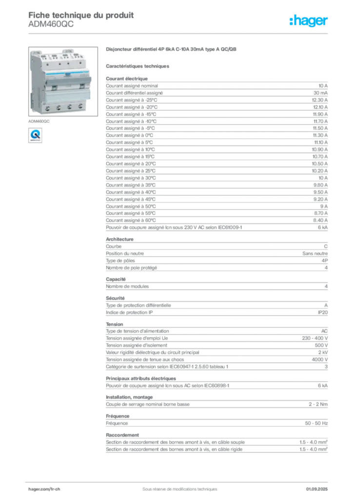 Image Hager Fiche technique du produit ADM460QC | Hager Suisse