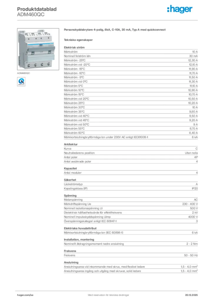 Bild Hager Produktdatablad ADM460QC | Hager Sverige
