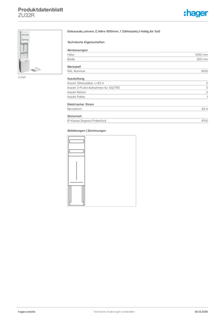 Bild Hager Produktdatenblatt ZU32R | Hager Deutschland