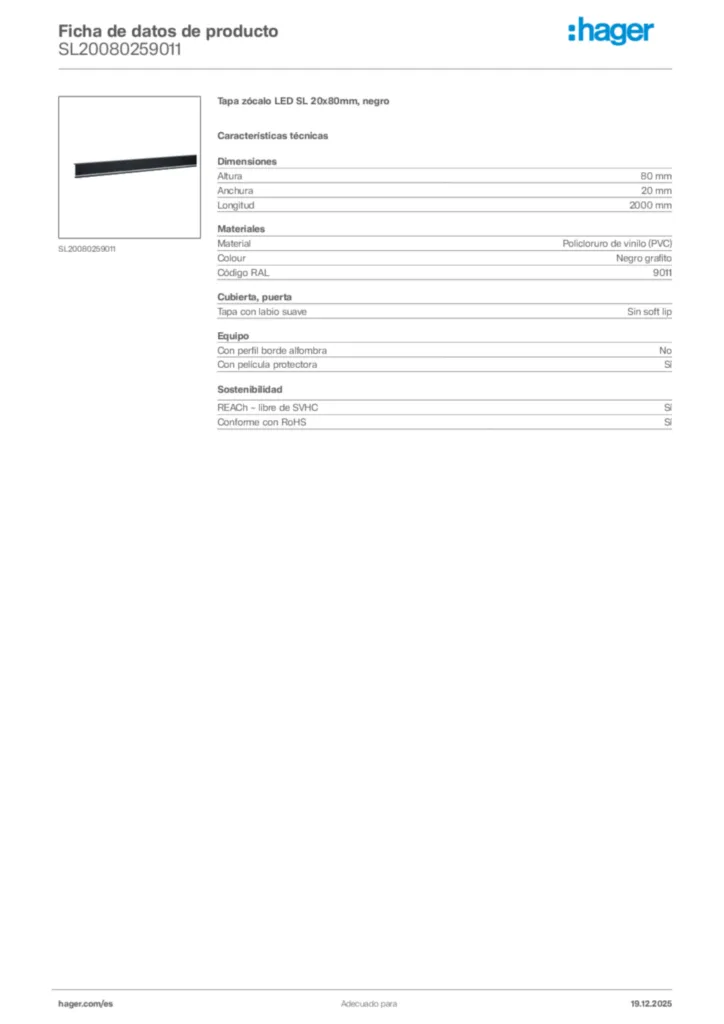 Imagen Hager Ficha de datos de producto SL20080259011 | Hager España