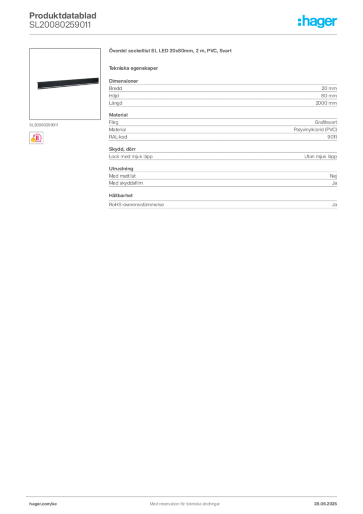 Bild Hager Produktdatablad SL20080259011 | Hager Sverige
