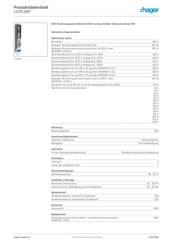 Bild Hager Produktdatenblatt LVSR3BP | Hager Schweiz