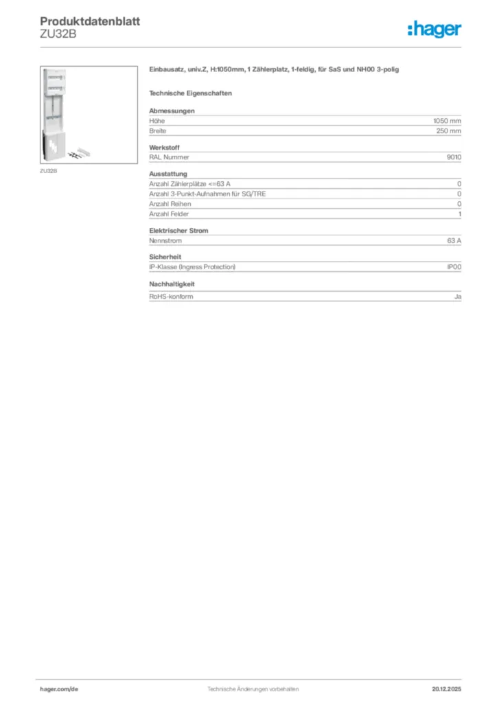 Bild Hager Produktdatenblatt ZU32B | Hager Deutschland