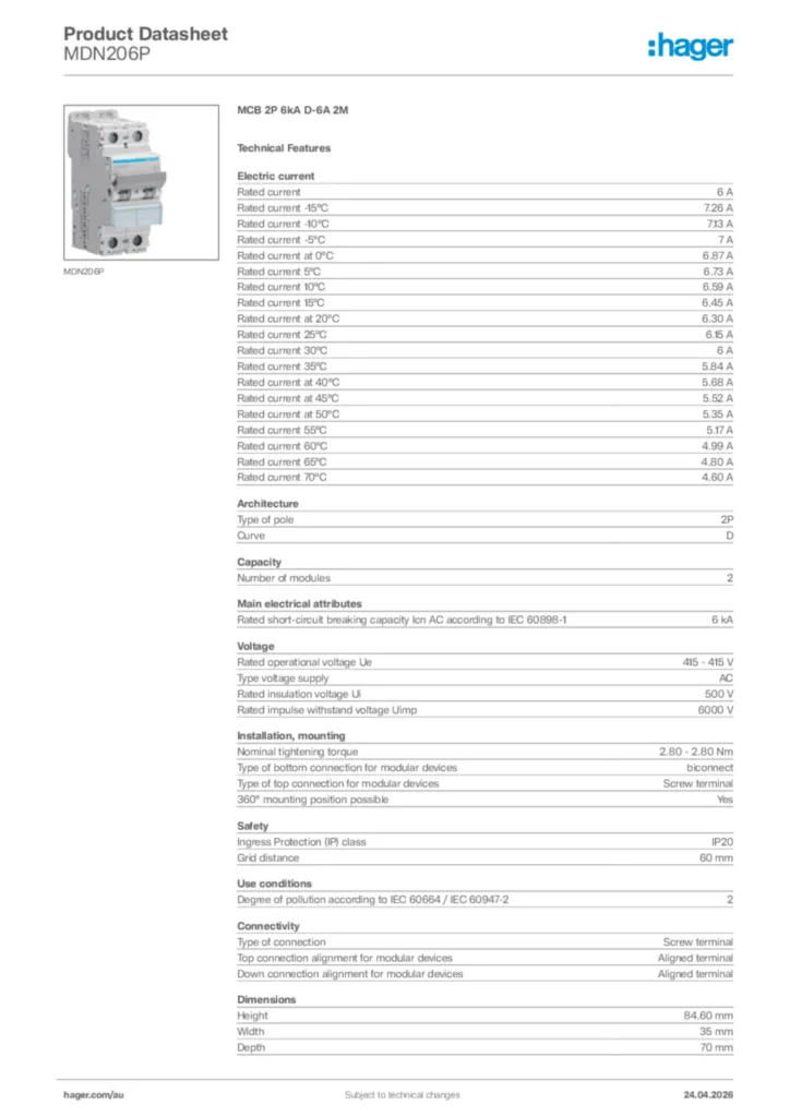 Image Hager Product data sheet MDN206P  | Hager Australia
