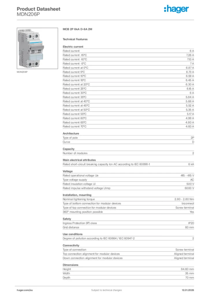 Image Hager Product data sheet MDN206P  | Hager Australia