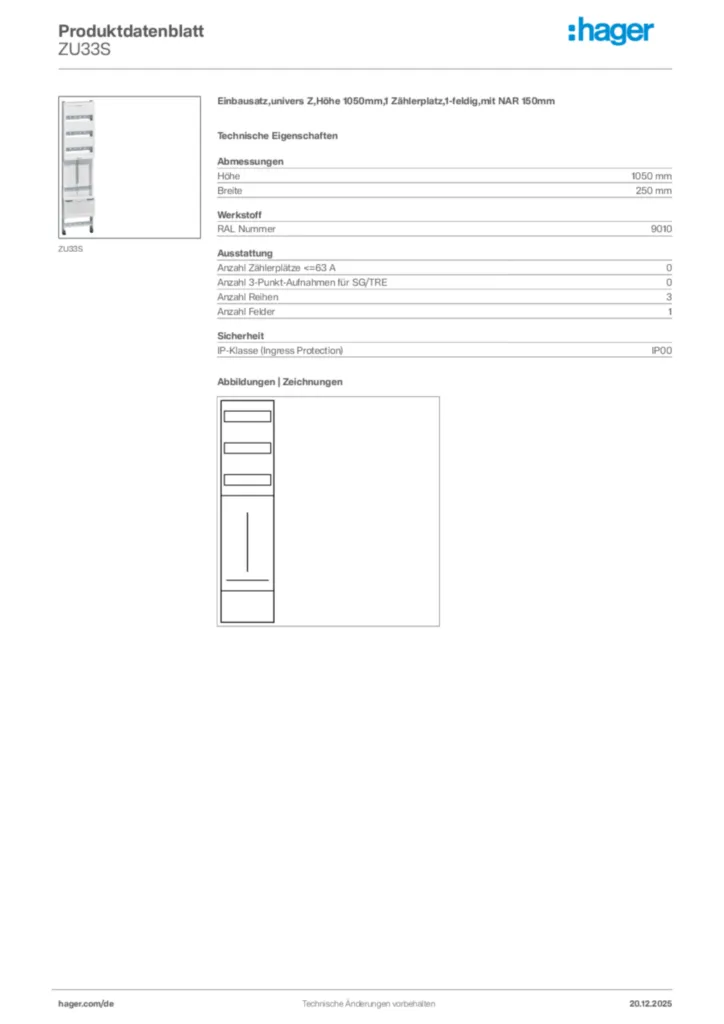 Bild Hager Produktdatenblatt ZU33S | Hager Deutschland