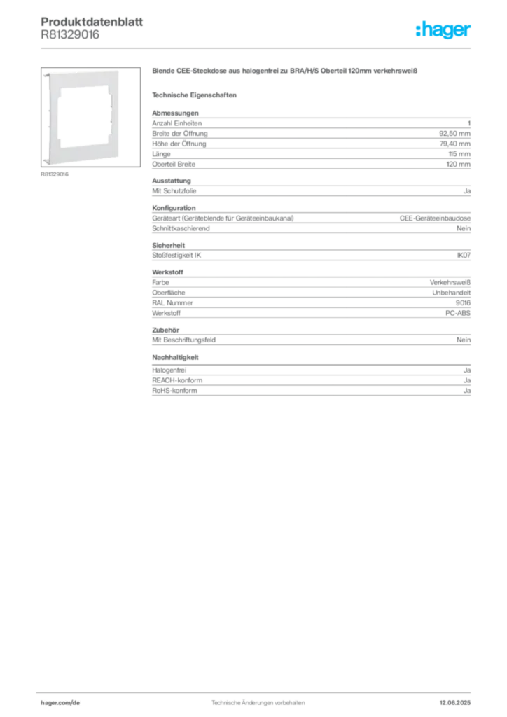 Bild Hager Produktdatenblatt R81329016 | Hager Deutschland