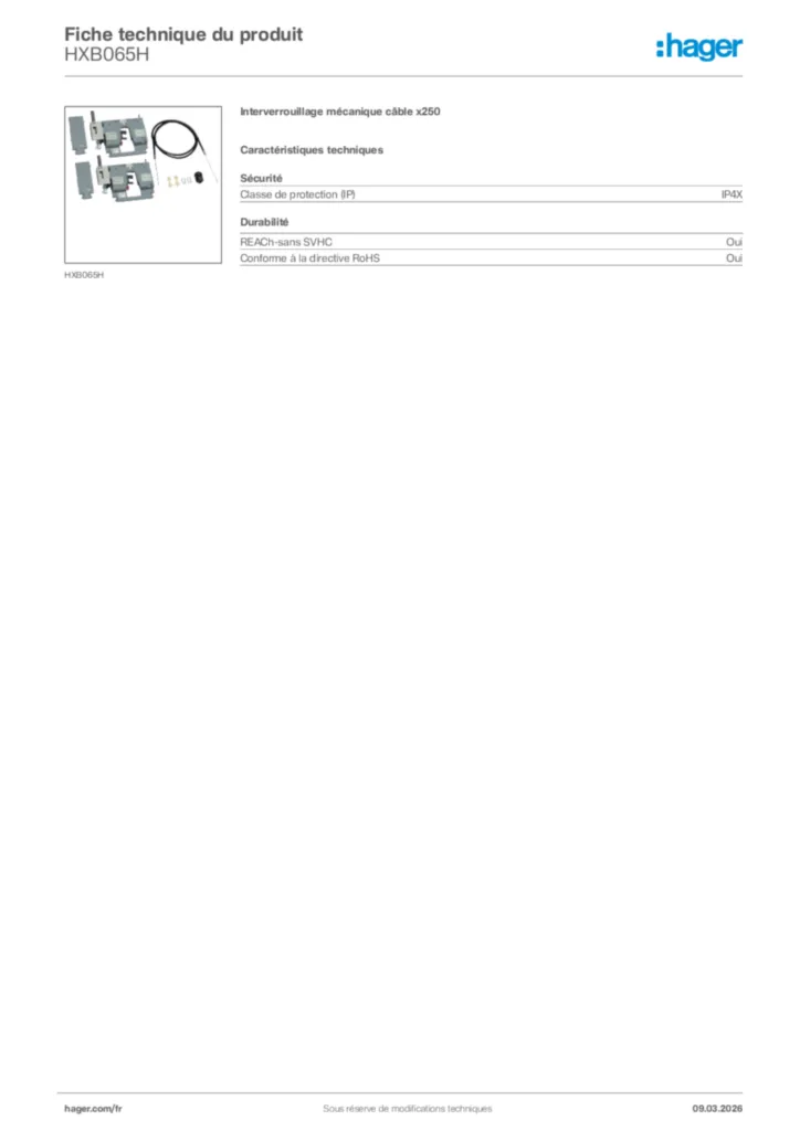 Image Hager Fiche technique du produit HXB065H | Hager France