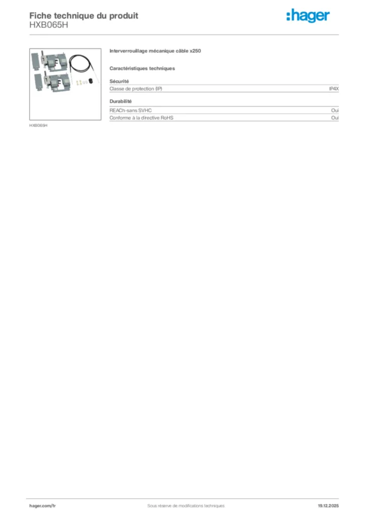 Image Hager Fiche technique du produit HXB065H | Hager France