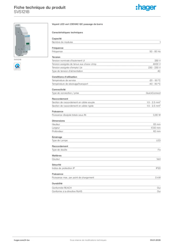 Image Hager Fiche technique du produit SVS121B | Hager Belgique